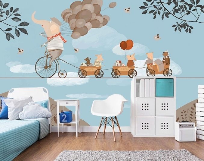 Elephant on Bicycle with Cute Animals Wallpaper Mural
