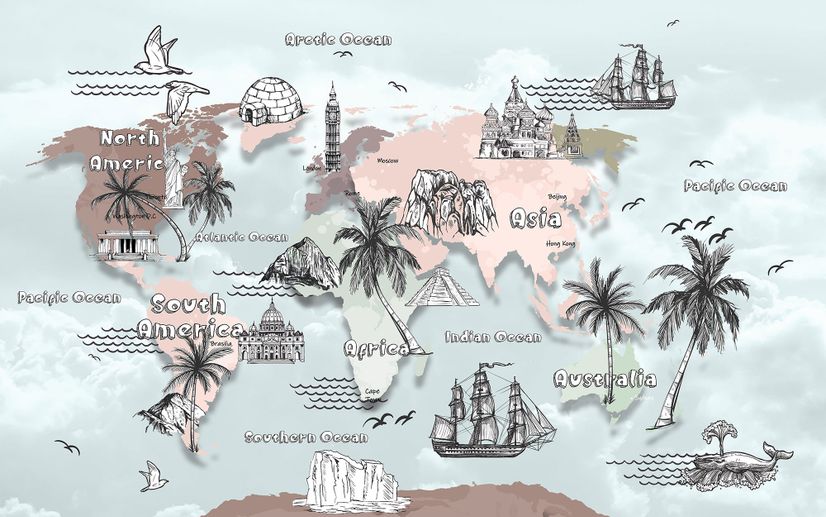 Kids World Map with Charcoal Famous Landmarks Wallpaper Mural