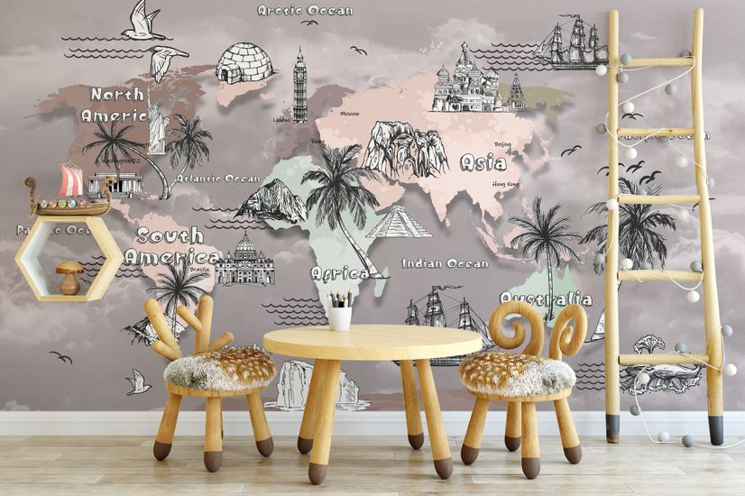 Kids World Map with Charcoal Famous Landmarks Wallpaper Mural
