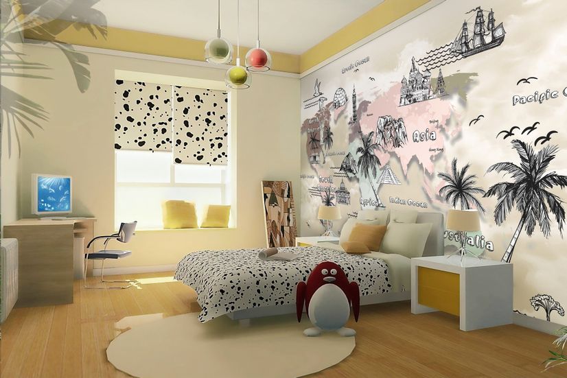 Kids World Map with Charcoal Famous Landmarks Wallpaper Mural