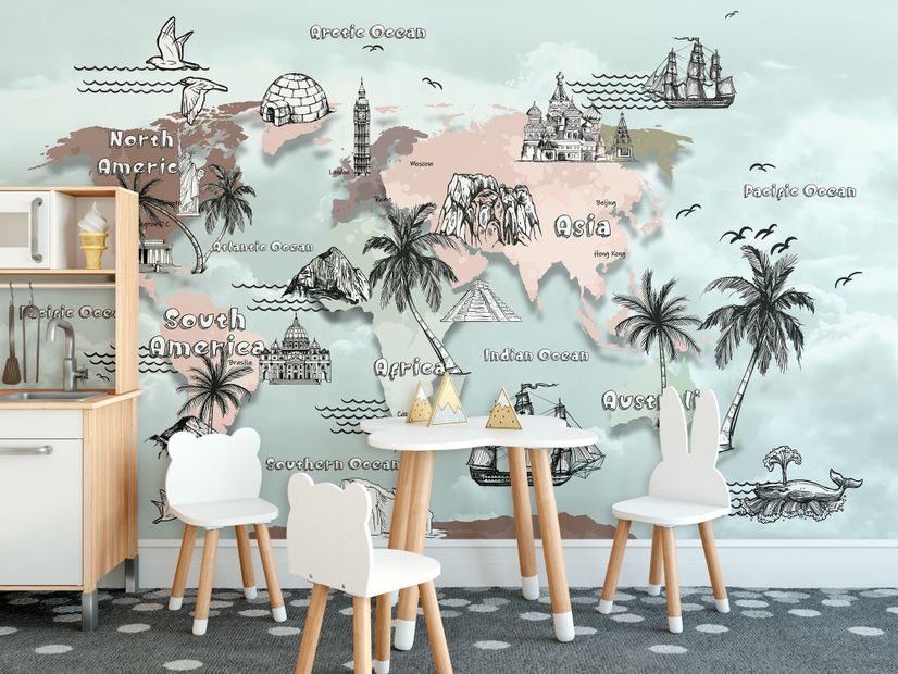 Kids World Map with Charcoal Famous Landmarks Wallpaper Mural