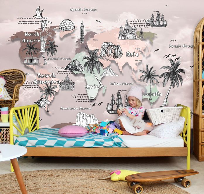 Kids World Map with Charcoal Famous Landmarks Wallpaper Mural