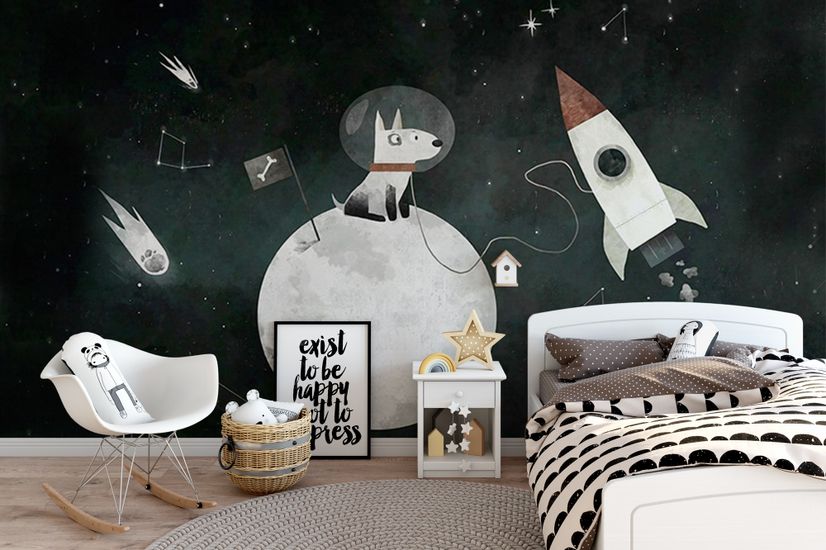 Kids Space Dog with Moon and Rockets Wallpaper Mural