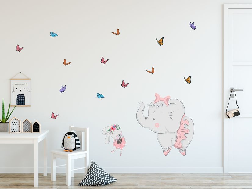 Kids Pink Ballerine Elephant and Bunny with Little Butterflies Wall Decal Sticker