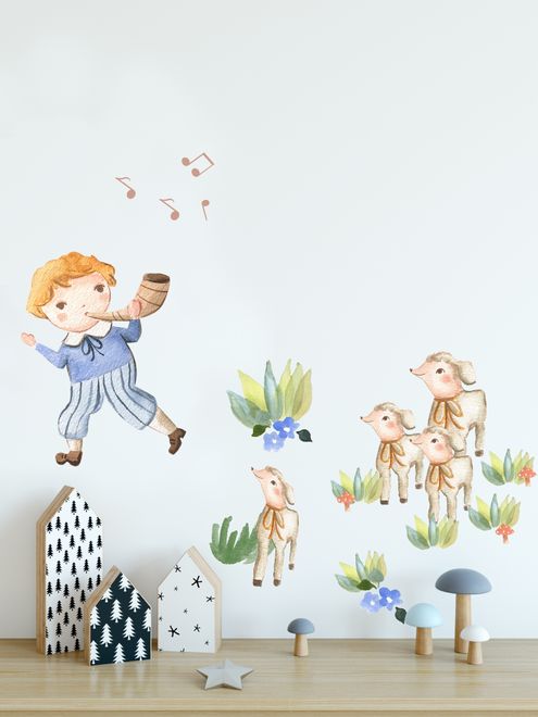 Kids Little Boys and Cute Sheeps Wall Decal Sticker