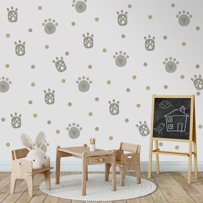 Kids Gray Cat Paw with Polka Dots Wall Decal Sticker