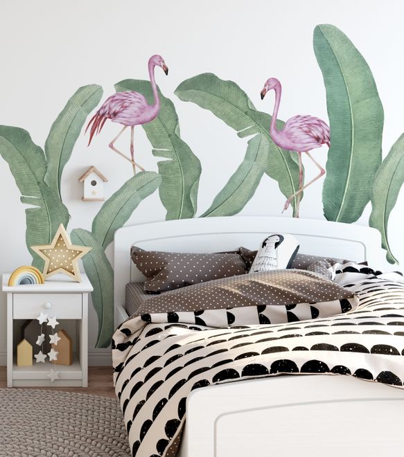 Kids Pink Flamingo and Green Banana Leaves Wall Decal Sticker