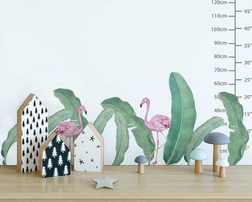 Kids Pink Flamingo and Green Banana Leaves Wall Decal Sticker