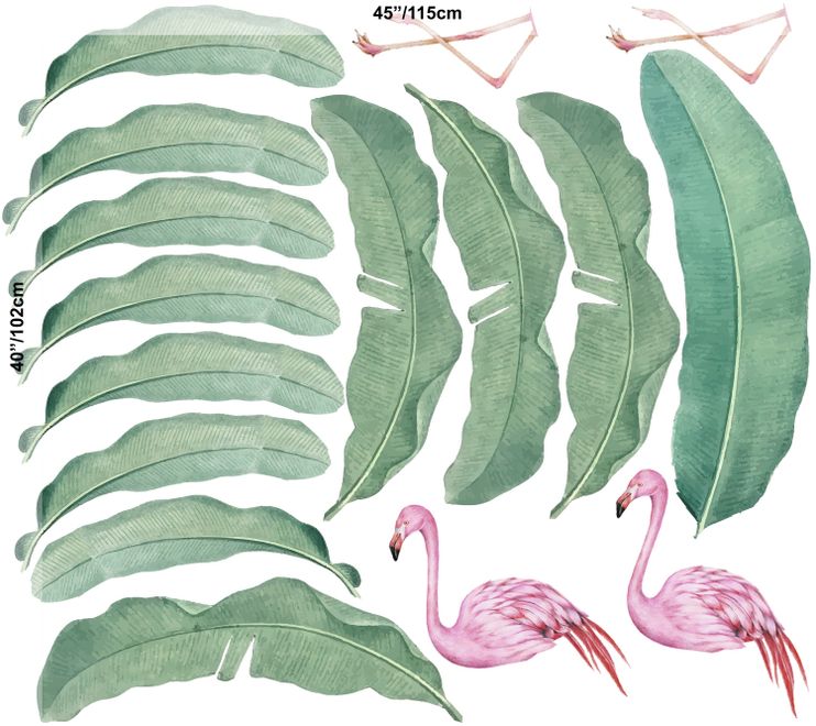 Kids Pink Flamingo and Green Banana Leaves Wall Decal Sticker