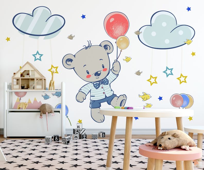 Kids Flying Cute Bear and Colorful Stars in the Cartoon Sky Wall Decal Sticker