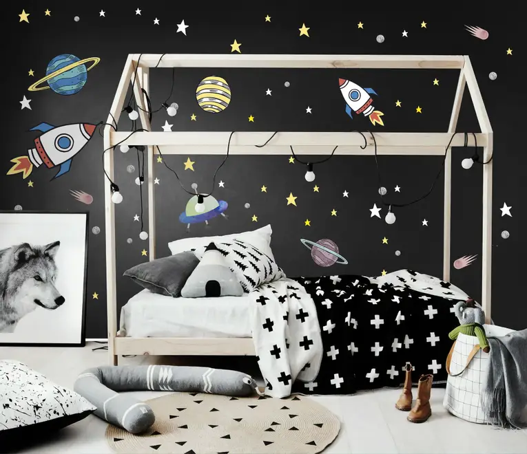 Colorful Space with Little Falling Stars and Planets Wall Decal Sticker