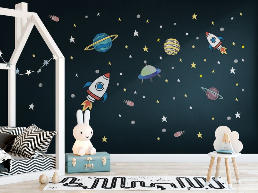 Colorful Space with Little Falling Stars and Planets Wall Decal Sticker