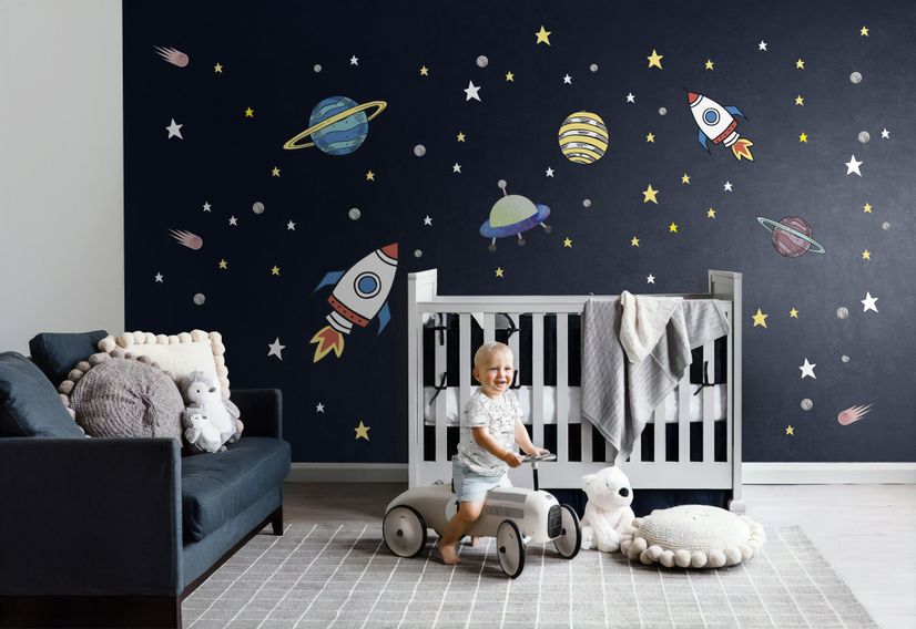 Colorful Space with Little Falling Stars and Planets Wall Decal Sticker