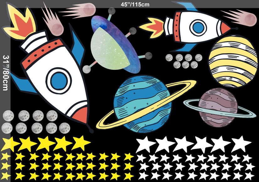 Colorful Space with Little Falling Stars and Planets Wall Decal Sticker