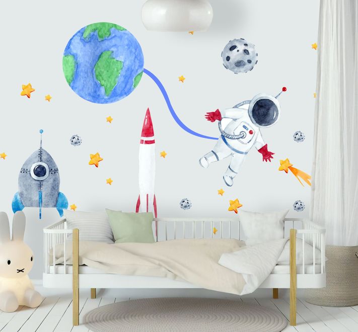 Kids Watercolor Space with Astronaut and Earth Wall Decal Sticker