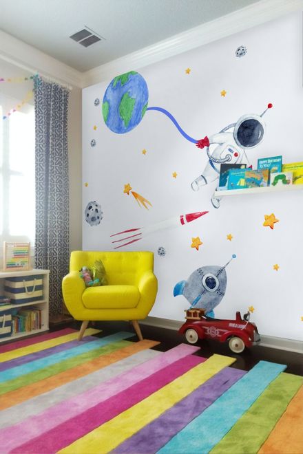 Kids Watercolor Space with Astronaut and Earth Wall Decal Sticker