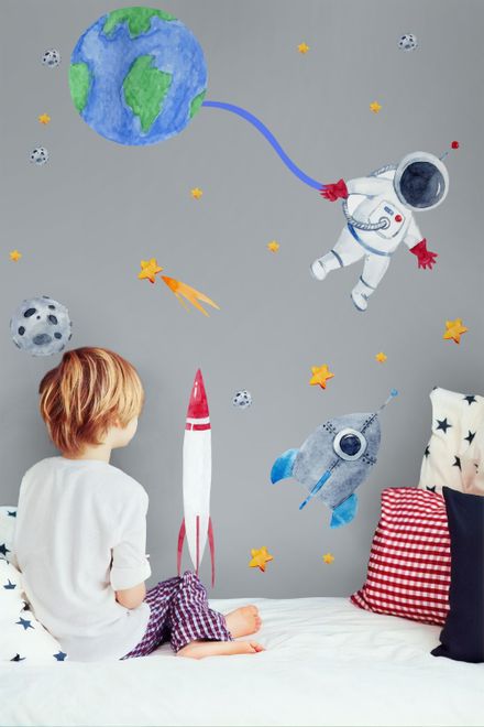 Kids Watercolor Space with Astronaut and Earth Wall Decal Sticker