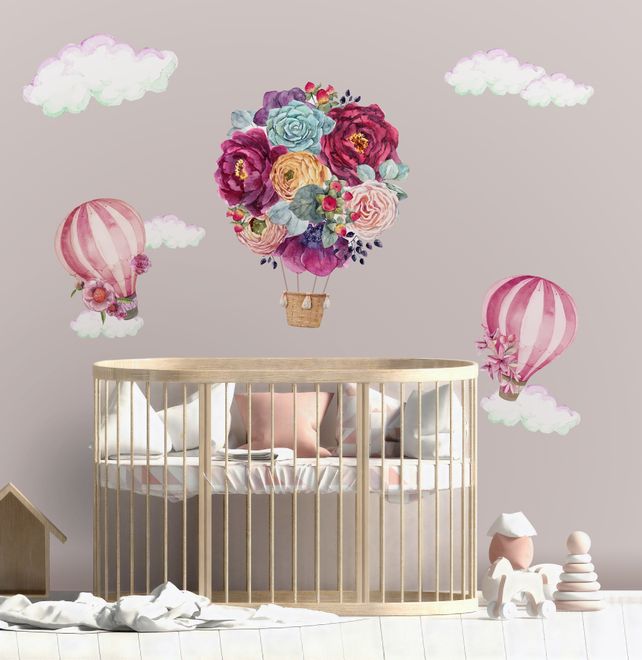 Colorful Floral Bouqet Hot Air Balloon and Pink Clouds Wall Decal Sticker