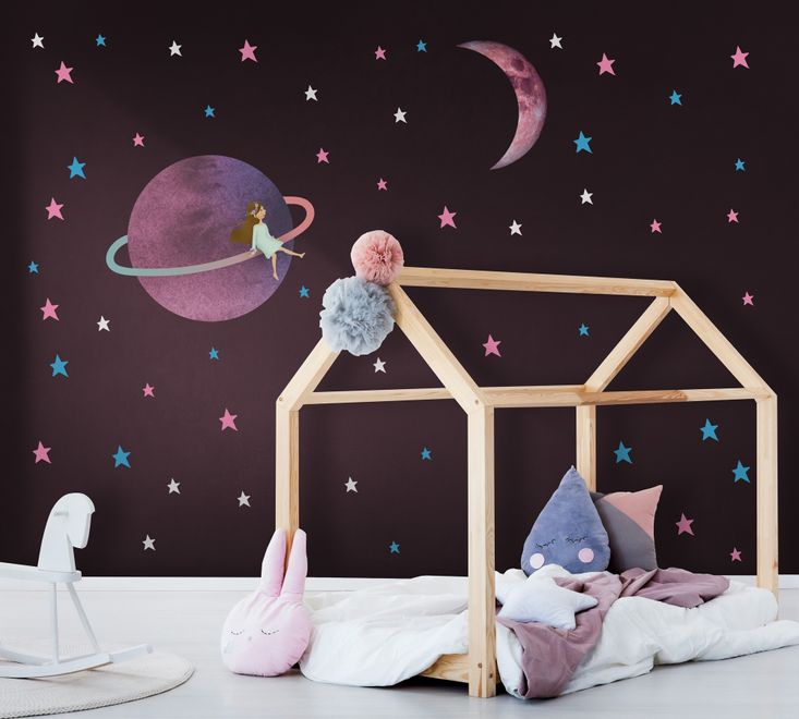 Colorful Space with Cute Little Girl on the Saturn Rings and Pink Moon Wall Decal Sticker