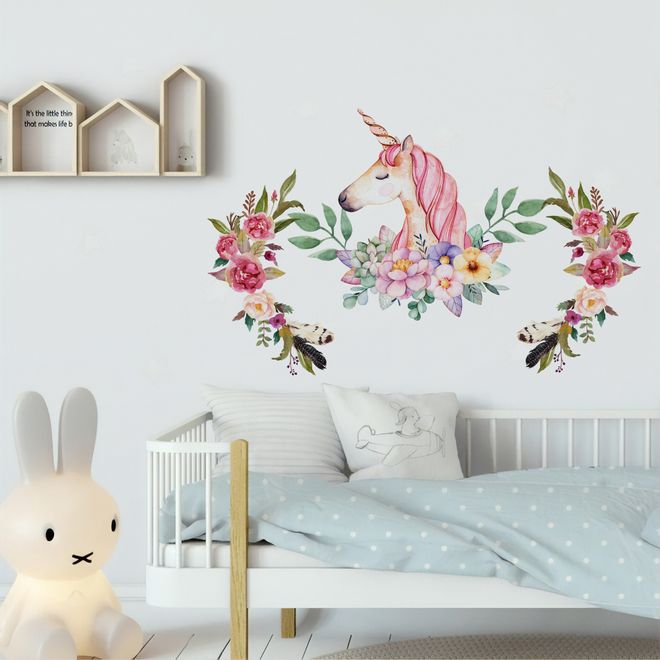 Kids Pink Unicorn with Colorful Florals Wall Decal Sticker • Wallmur®