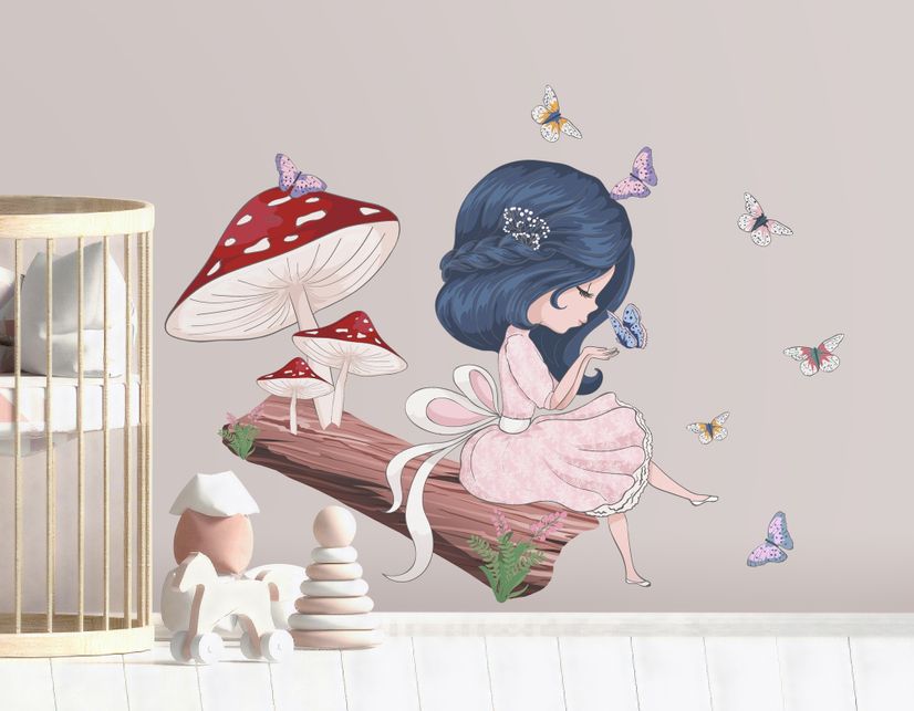 Cute Little Girl in the Forest with Colorful Butterfly Wall Decal Sticker