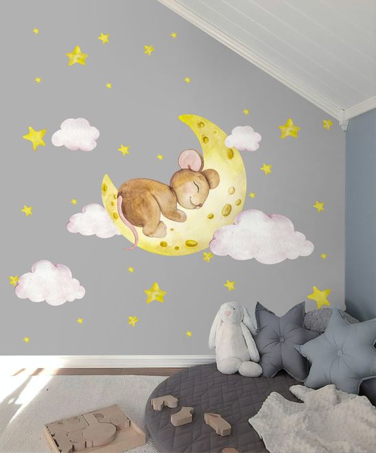 Kids Cute Mouse on the Crescent Moon and Watercolor Yellow Stars Wall Decal Sticker