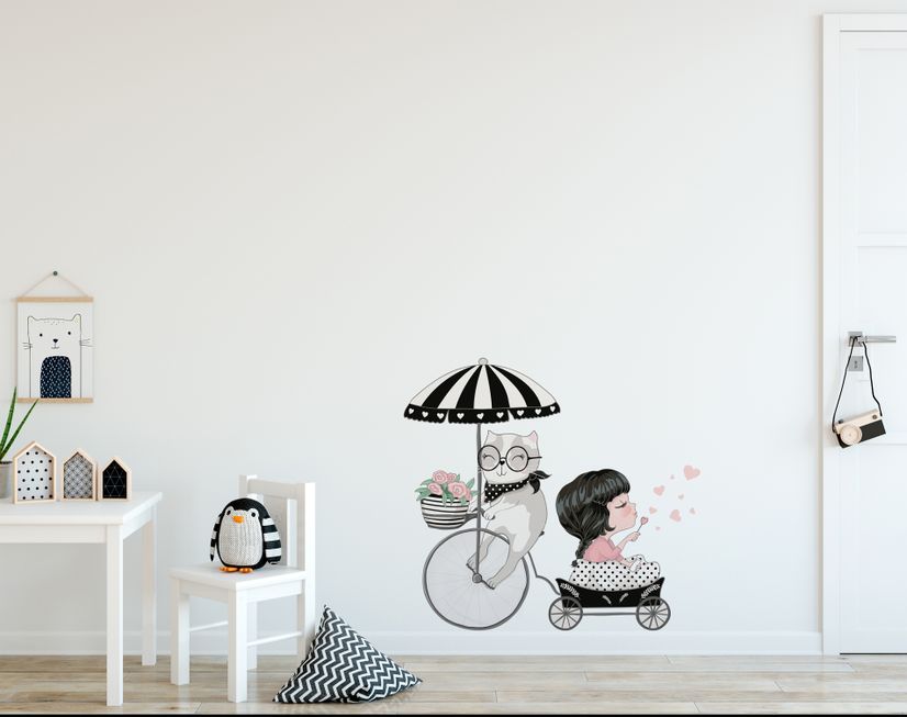 Cute Cat and Beautiful Girl Riding the Bike Wall Decal Sticker