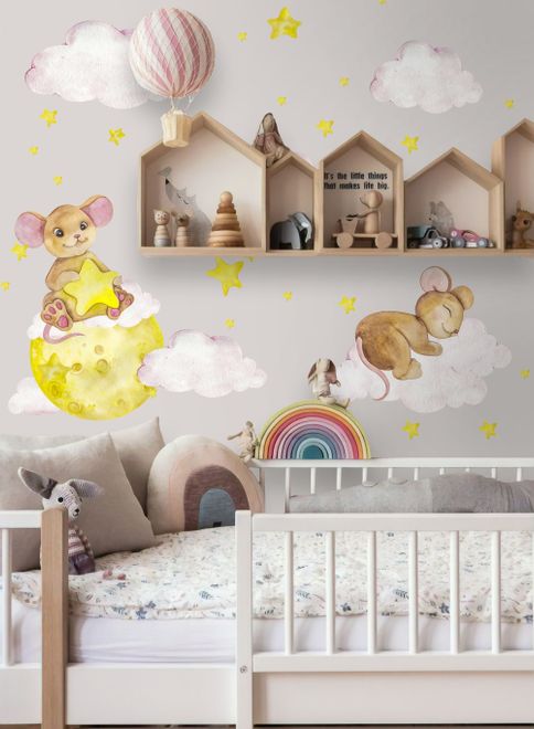 Kids Watercolor Mouse on the Yellow Moon with Little Stars Wall Decal Sticker
