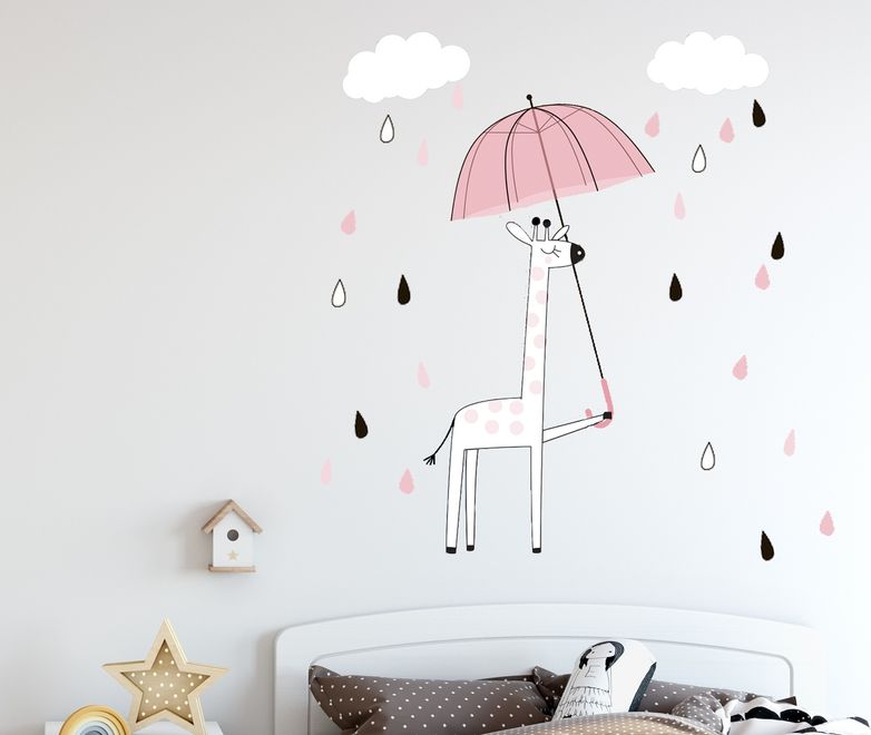 Kids Cute Giraffe with Colorful Raindrops and White Clouds Wall Decal Sticker