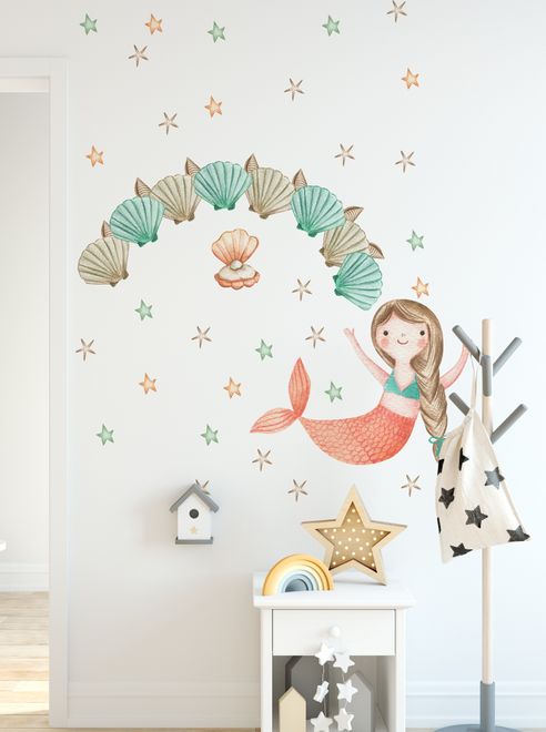 Kids Mermaid Girls with Pearl Oyster Wall Decal Sticker