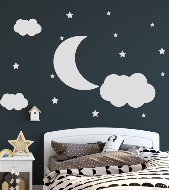 Nursery White Crescent Moon with Clouds Wall Decal Sticker