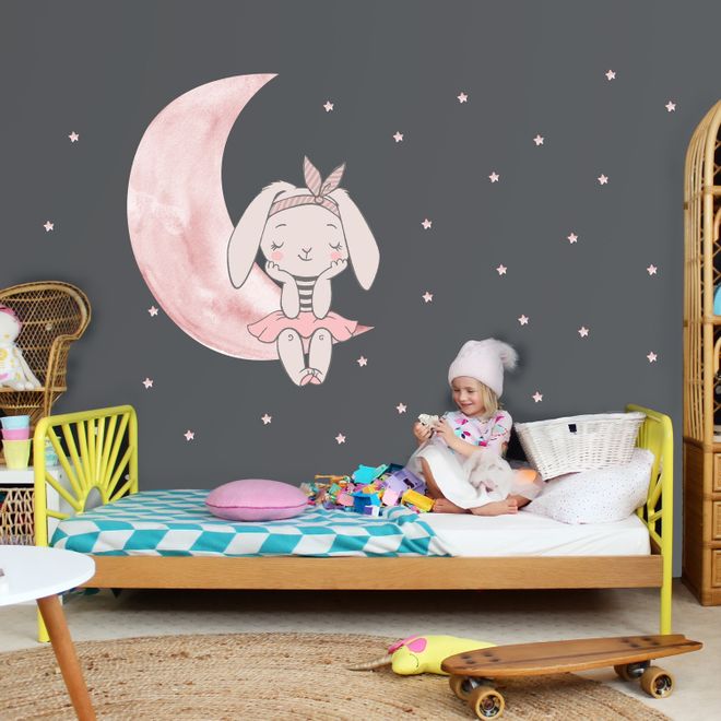 Kids Watercolor Cute Rabbit and Pink Moon with Little Stars Wall Decal Sticker