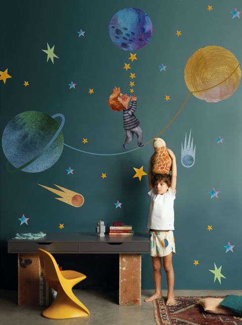 Little Boy with Blue Yellow Stars on the Outer Space with Blue Yellow Stars Wall Decal Sticker