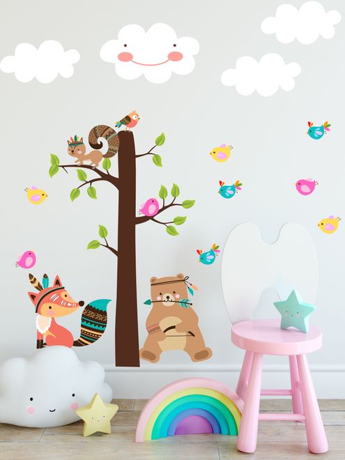 Kids Cute Fox and Bear and Cartoon Tree with Little Birds Wall Decal Sticker
