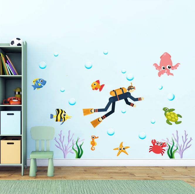 Kids Cartoon Sea Underwater with Fish Man Wall Decal Sticker