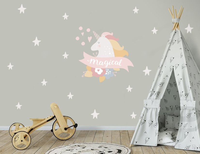 Kids Pink Unicorn with White Little Stars Wall Decal Sticker