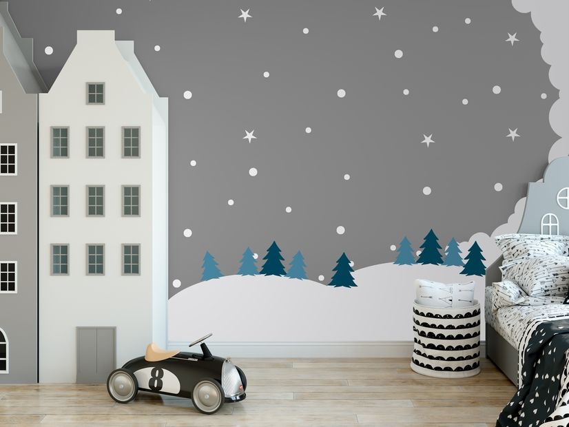 Kids White Winter Landscape with Green Pine Tree Wall Decal Sticker