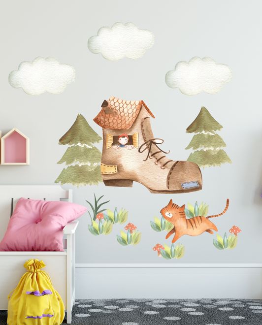 Kids Woodland Shoe with Cute Cats Wall Decal Sticker