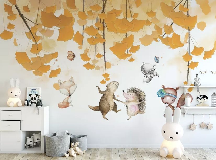 Autumn Leaves with Cartoon Animals Wallpaper Mural