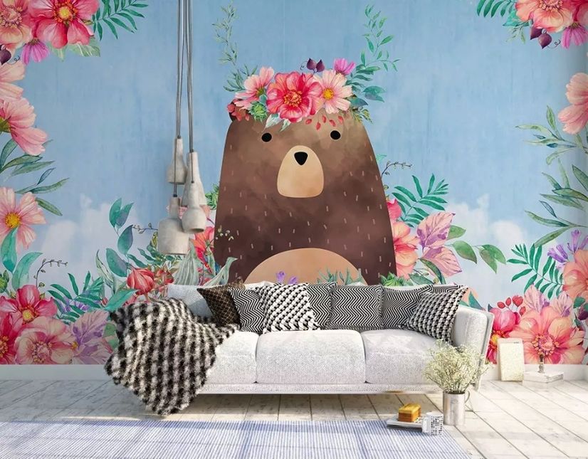 Flowery Cartoon Bear Wallpaper Mural