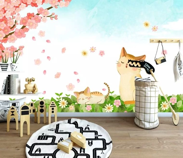 Cherry Blossom and Cartoon Cats Wallpaper Mural