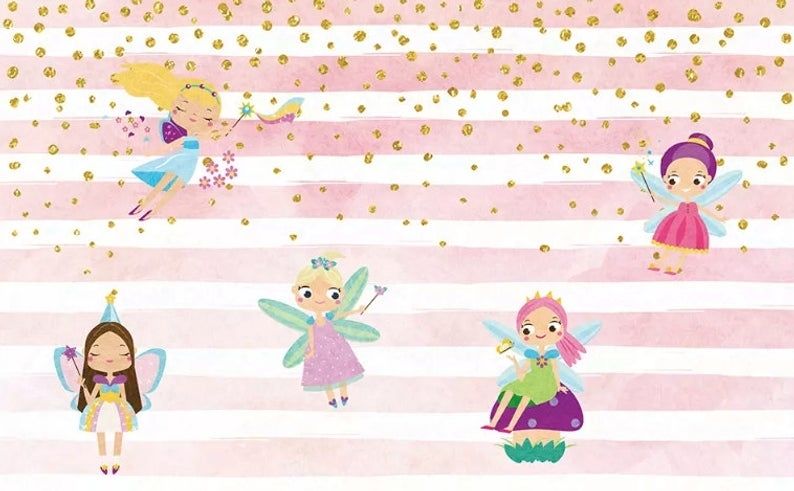 Kids Cartoon Fairy with Stripe Pattern Wallpaper Mural