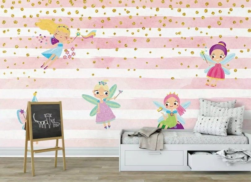 Kids Cartoon Fairy with Stripe Pattern Wallpaper Mural