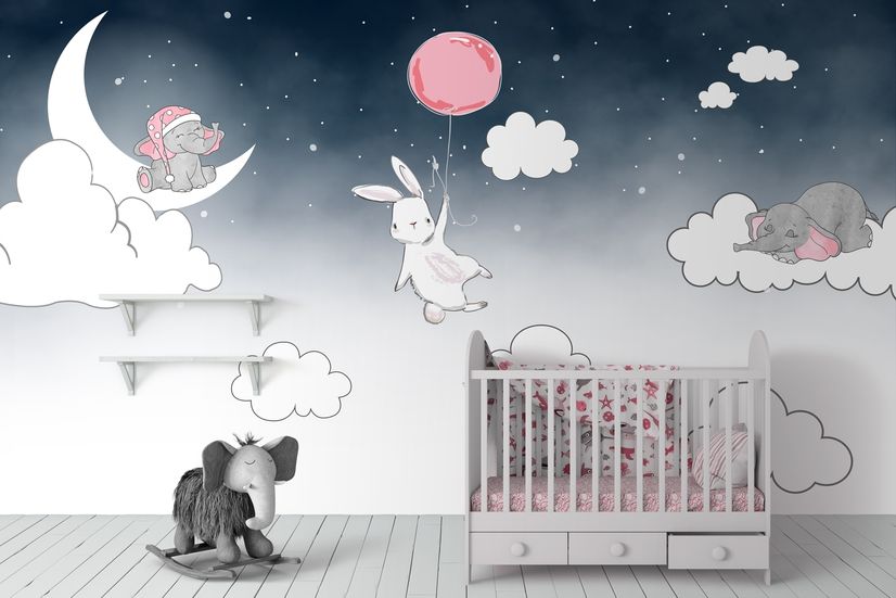 Cartoon Nightscape with Rabbit and Elephant Wallpaper Mural