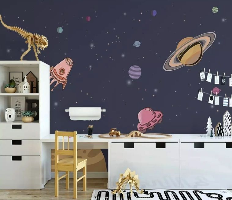 Watercolor Cartoon Space with Planets Wallpaper Mural