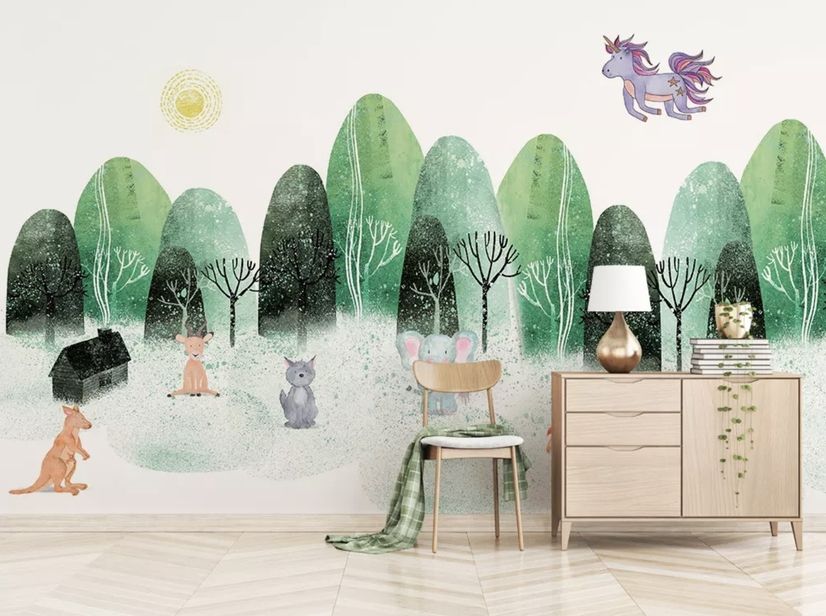 Watercolor Cartoon Trees and Animals Wallpaper Mural