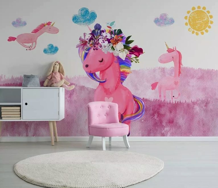 Cartoon Pink Unicorn Drawing Art Wallpaper Mural