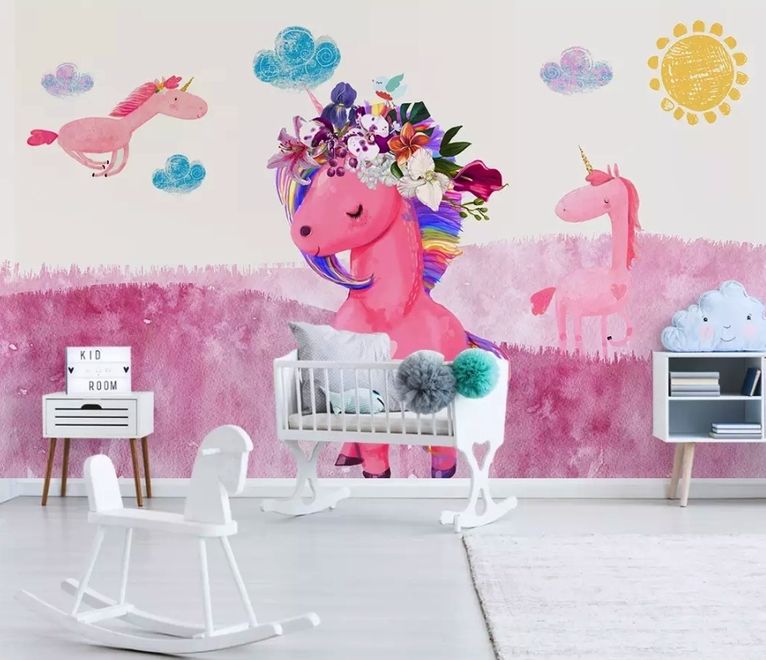 Cartoon Pink Unicorn Drawing Art Wallpaper Mural