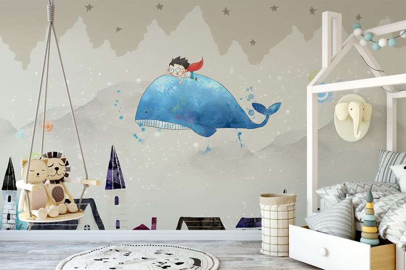 Cartoon Village and Little Child on the Flying Whale Wallpaper Mural