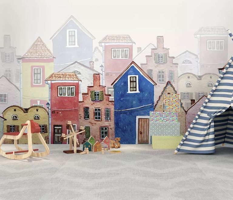 Watercolor Cartoon Town Street Wallpaper Mural